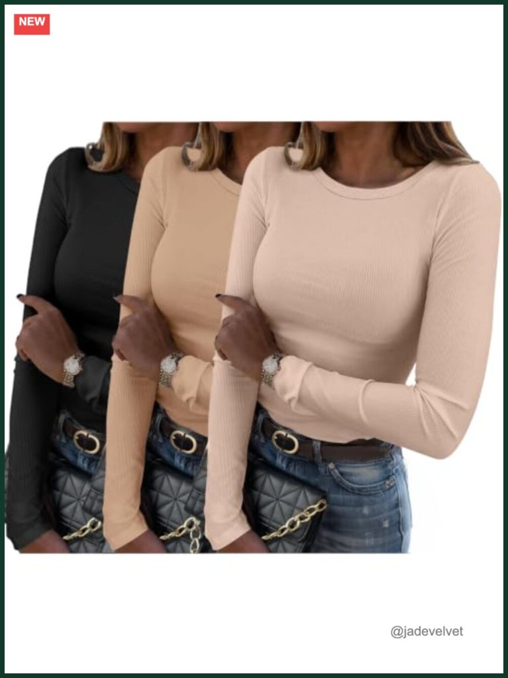 Women Ribbed Long Sleeve Crewneck Slim Fit Basic Tee